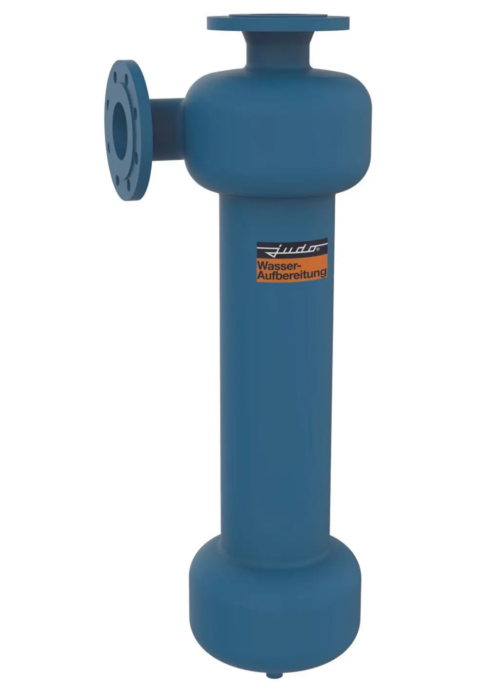 Blauer Zentrifugalabscheider mit flanschartigen Anschlüssen. Geprägt mit dem Judo-Logo und dem Schriftzug „Wasser-Aufbereitung“.